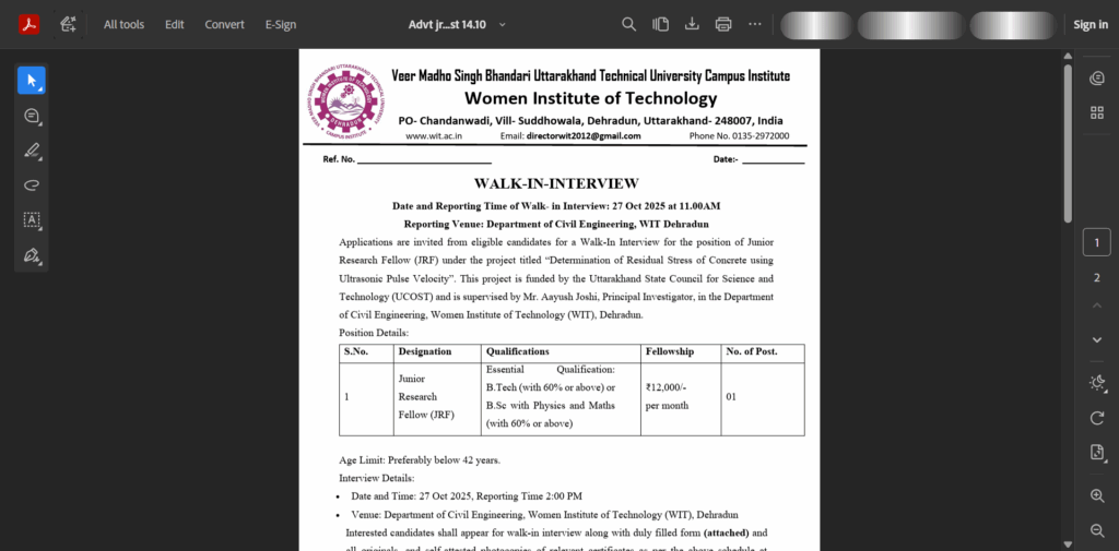 Walk-In Interview for the position of Junior Research Fellow (JRF)