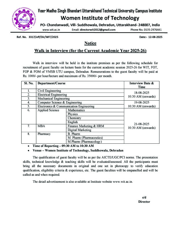 Walk in Interview For Guest Faculty (Academic Year 2025-26)