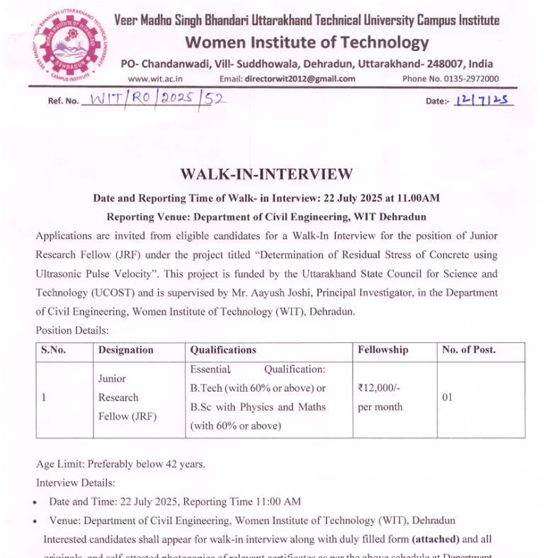 Walk In Interview for Junior Research Fellow (JRF)