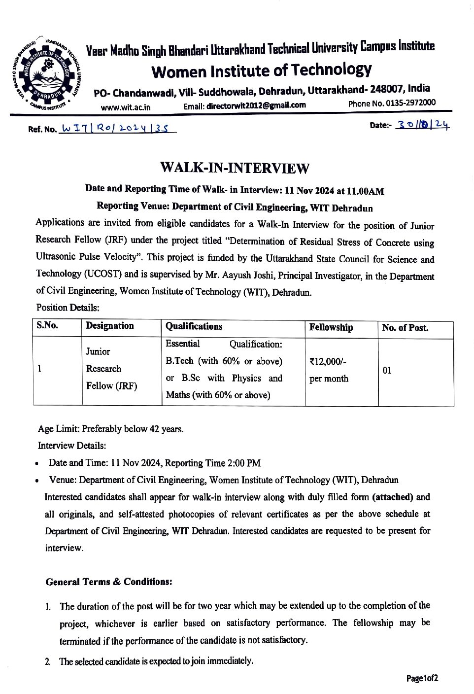 Advertisement for JRF in Department of Civil Engineering